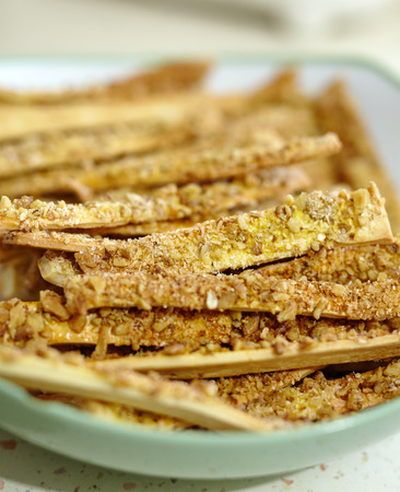 Closeup of delicious crunchy pastry cookies with background blur