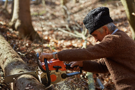 Senior caucasian man woodcutter cutting down trees with chainsawの写真素材