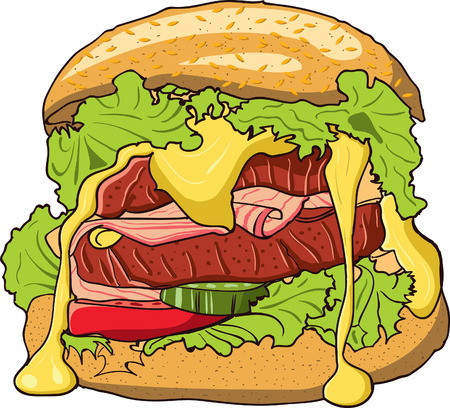 Big hamburger with melted cheddar lettuce and other vegetables and meatのイラスト素材