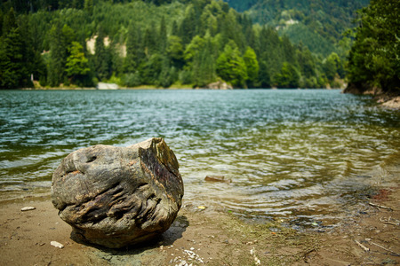 Mountain landscape with lake and pine forest in a cloudy dayの写真素材