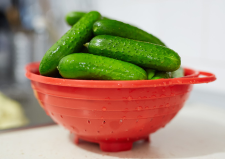 Closeup of fresh cucumbers in a red bowl, with selective focusの写真素材