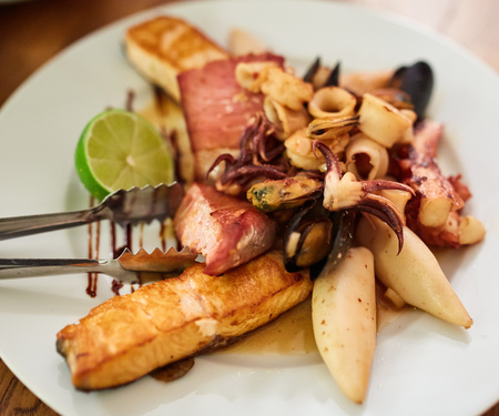 A variety of seafood on a plateの写真素材