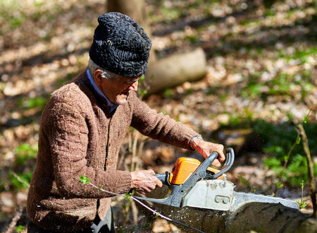 Old woodcutter working with chainsaw on a beech logの写真素材