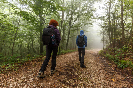 Family of hikers with backpacks walking on a trail in the forestの写真素材