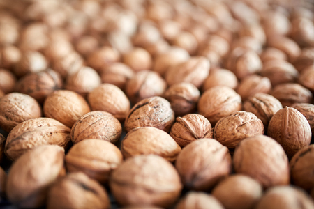 Closeup of many walnuts with selective focusの写真素材