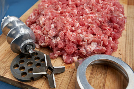 Meat grinder parts and minced meat on a wooden boardの写真素材