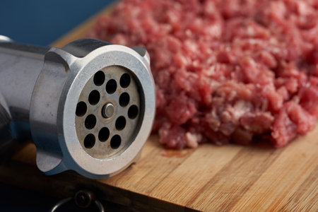 Meat grinder parts and minced meat on a wooden boardの写真素材