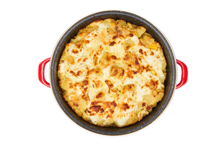 A tray with cooked moussaka, a Greek cuisine specialtyの写真素材