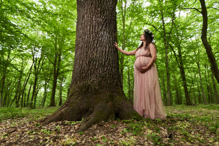 Portrait of a beautiful young hispanic pregnant woman in a deciduous forest in the summerの写真素材