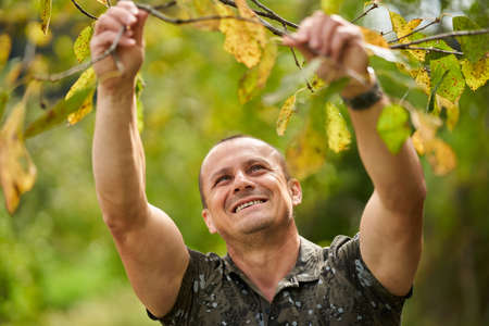 Portrait of a middle aged man in the orchard, early autumn
