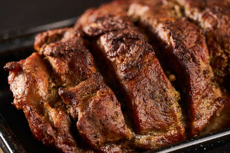 Closeup of a deliciously slow cooked juicy pork sirloin steak
