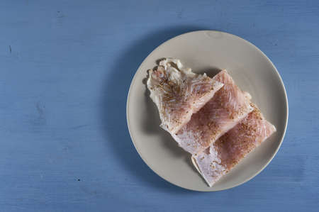 Closeup of fresh raw zander fillets ready to cookの写真素材