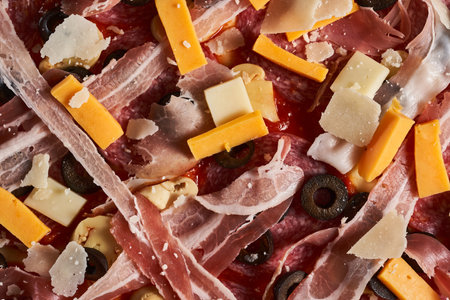 Uncooked pizza topping with various cheddar cheeses, olives, ham and other ingredientsの写真素材