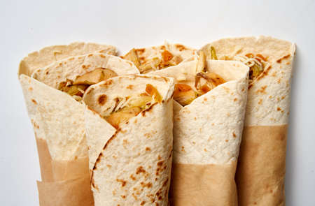 Closeup of burritos isolated on white backgroundの写真素材