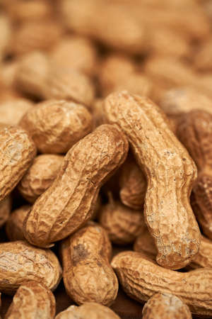 Closeup of many dried whole peanuts
