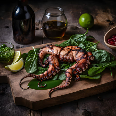 Closeup of grilled octopus and baby spinach, generative AIの素材
