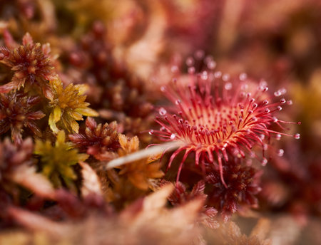 Round sundew (Drosera rotundifolia), the only carnivorous plant in Romania, macro shot in a swamp