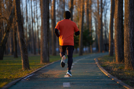 Athlete running in the park, view from backの写真素材