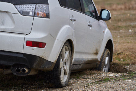 Off road SUV car crashed into a ditch on a track course