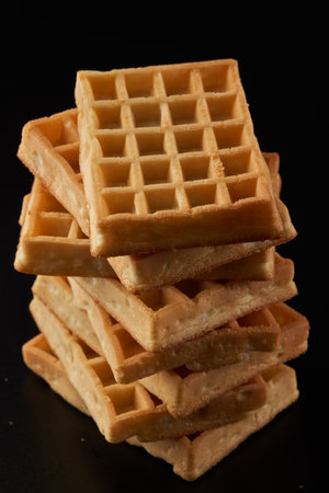 A pile of belgian waffles in closeup isolated on black background
