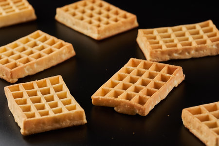 Many belgian waffles in closeup isolated on black backgroundの写真素材