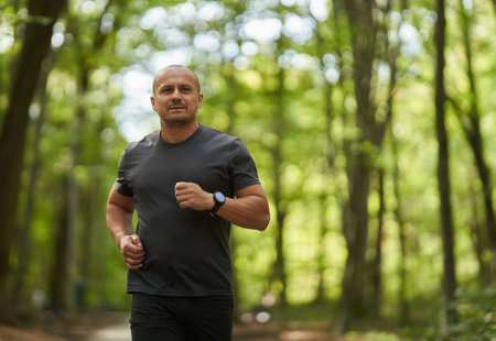Athletic man running in park in the morning in the late summer early autumn