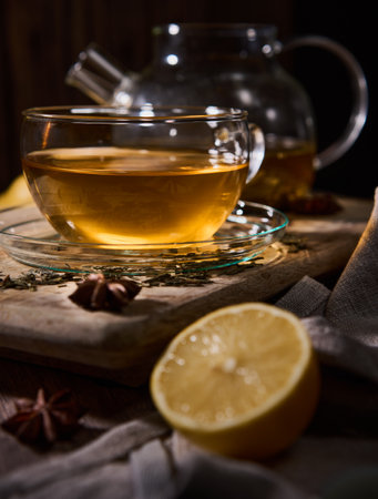 Cinematic shot of a hot Japanese Sencha tea in a large glass cup with a glass teapot on a rustic wooden boardの写真素材