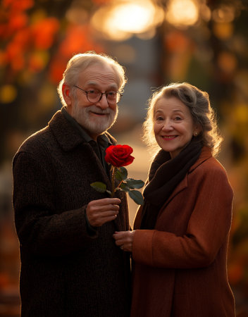 Elderly man giving a red rose to an elderly woman, outdoorsの素材