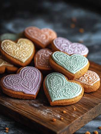 A close-up of heart-shaped cookies with pastel-colored icing and decorative white swirls on a wooden surfaceの素材