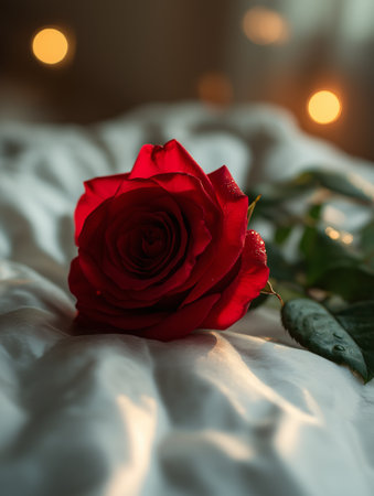 A close-up of a single, perfect red rose, with water droplets on its stem and leaf, resting on a white, textured fabric, with soft bokeh in the backgroundの素材