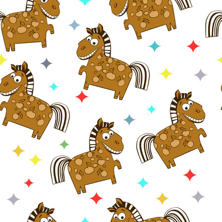 Seamless vector background with funny brown smiling horseのイラスト素材
