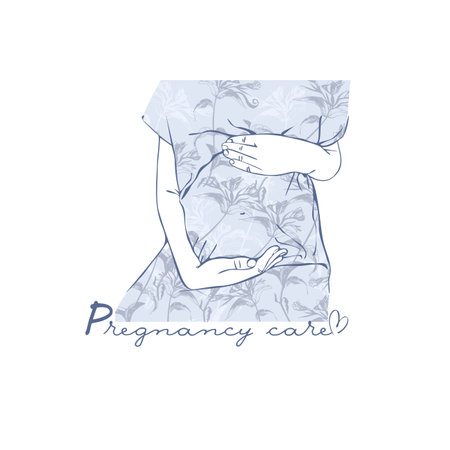 Pregnacy woman in dress with small flowers in blue colorのイラスト素材