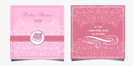 Postcard Baby shower card with girl's slippersのイラスト素材