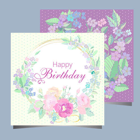 Happy birthday card with spring flowers on circleのイラスト素材