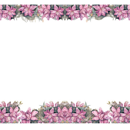 Watercolor floral border with pink flowers. Hand painted illustration on white background.の写真素材