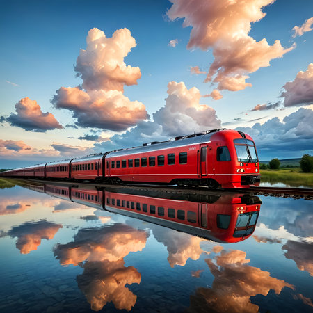 Red train on a background of blue sky and clouds reflected in waterの素材