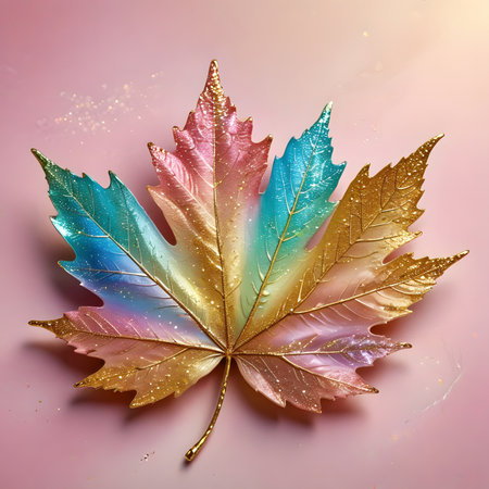Colorful autumn maple leaf on a pink background. 3D illustrationの素材