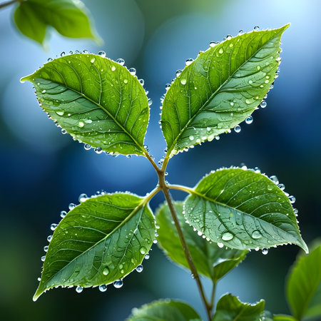 Green leaves with water drops on bokeh background, closeupの素材