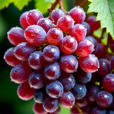 Bunch of ripe red grapes with dew drops close-upの素材
