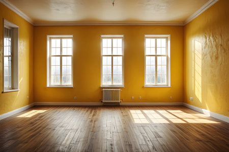 Interior of empty room with yellow walls, wooden floor and windowの素材