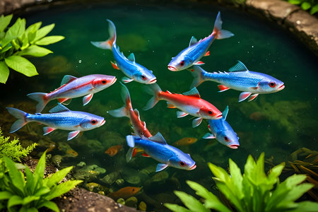Colorful fishes swimming in the pond. Beautiful colorful fishes swimming in the pond.の素材