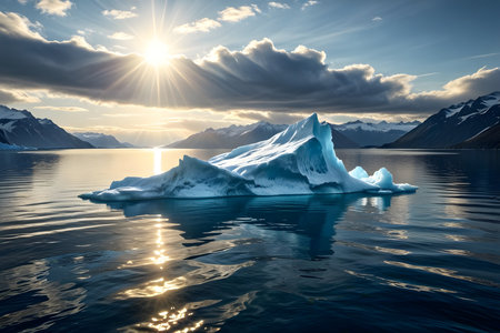 Antarctic landscape with icebergs in the ocean and sun.の素材