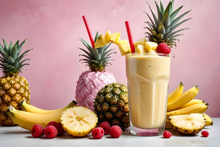 Fruit smoothie with banana, pineapple, raspberries in a glass on a pink background.の素材