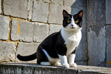 Black and white cat with yellow eyes sits on the stone wall.の素材