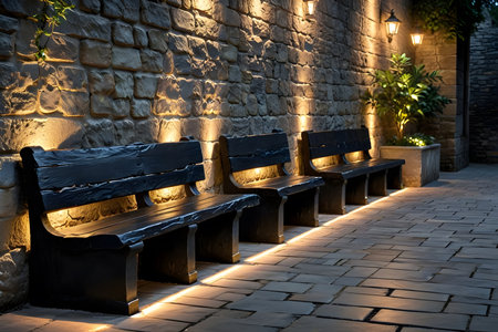 Wooden bench in the park at night. Baku, Azerbaijanの素材