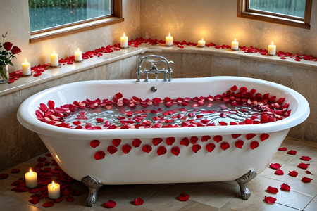Bathtub with red rose petals and candles on the backgroundの素材