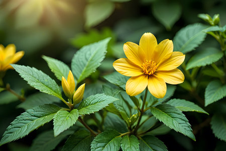 Beautiful yellow flower in the garden with sun light. (Selective focus)の素材