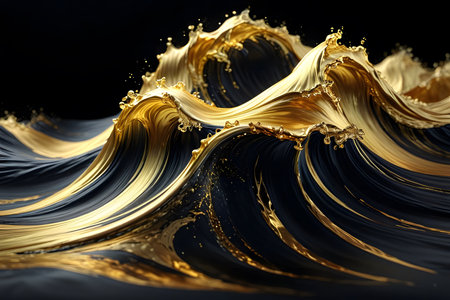 3d illustration of abstract golden waves on black background. 3d renderingの素材