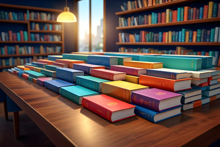 Many colorful books on a table in a library. 3d renderingの素材