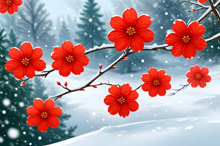 Red hibiscus flowers in winter forest. Vector illustration.の素材